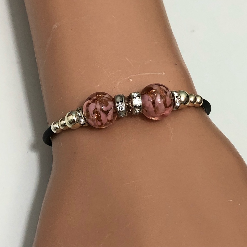 Murano Italy Art Glass Stretch Bracelet pink  Beads Boho Leather